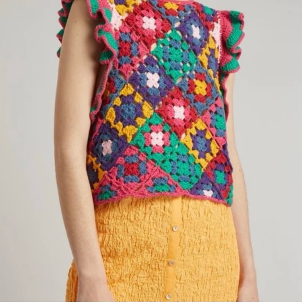 NWT FARM RIO CROCHET COLORFUL SQUARE VEST FLUTTER SLEEVE TOP $195